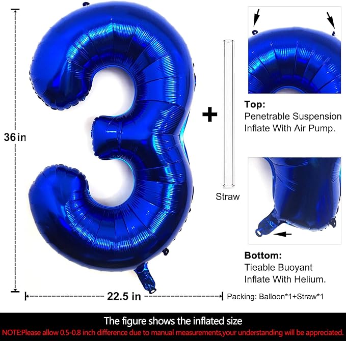 Lovoir 40 Inch Navy Blue Number 3 Balloon Large Size Jumbo Digit Mylar Foil - Image 2