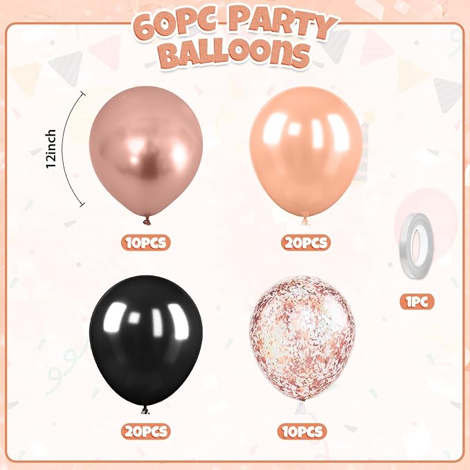 Black Rose Gold Balloons, Metallic Pearl Matte Confetti Balloon - Image 2