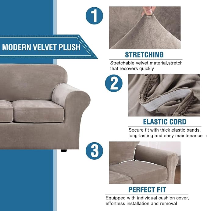 H.VERSAILTEX High Stretch Sofa Slipcover 4 Piece Cover Velvet Furniture - Image 3
