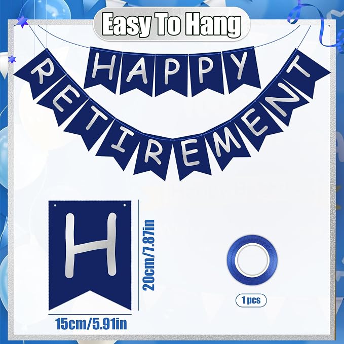 Retirement Party Decorations for Men Women Blue Silver Happy Retirement Banner - Image 4