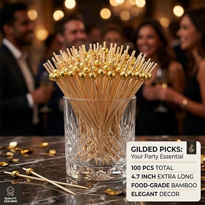 100 Pcs 4.7" Gold Pearl Cocktail Picks, Bamboo Toothpicks Appetizer Skewers | - Image 5