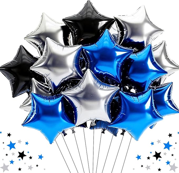 TONIFUL 15 Pcs Star Balloons 18 Inch Large Blue Silver Black Foil Balloons | by TONIFUL