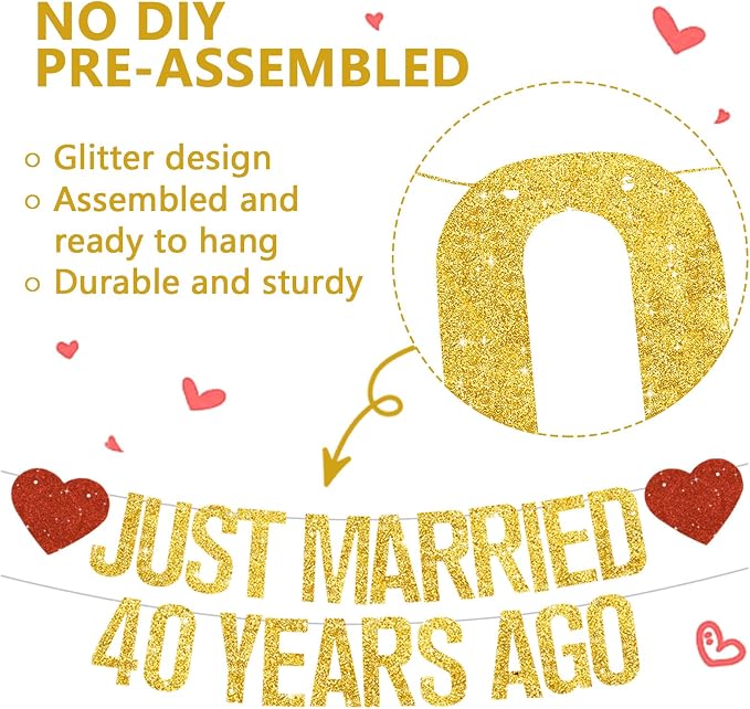 Gold Glitter Just Married 40 Years Ago Banner, NO DIY, Pre-Strung 40th Wedding - Image 2