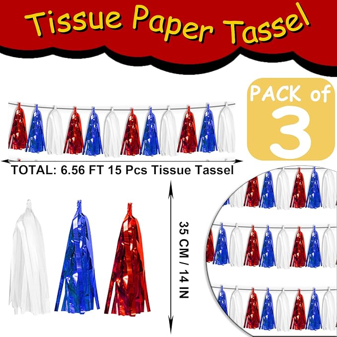 3P White Blue Red Tassel Banner Garland Metallic Foil Fringe Banner Tinsel - Image 2