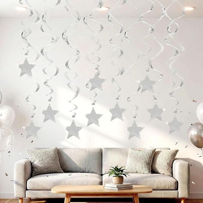 Silver Star Hanging Swirl Decorations Ceiling Swirl Foil Decoration Hanging - Image 6