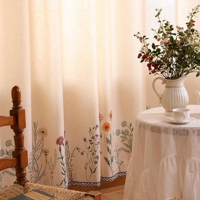 Designer French Linen Printed Curtain, 2 Panels, Light Beige Decor Draps - Image 8