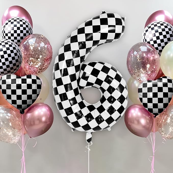 Checkered Number 6 Balloon 40 Inch, Large Foil Black and White Number Balloons - Image 2