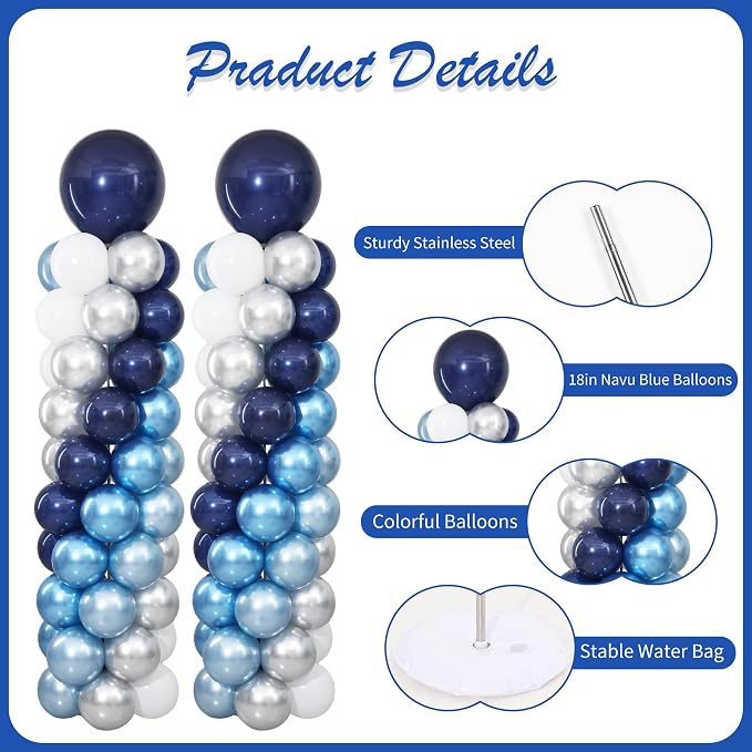 Navy Blue Silver and White Balloon Column Stand Kit Set of 2 - Image 5