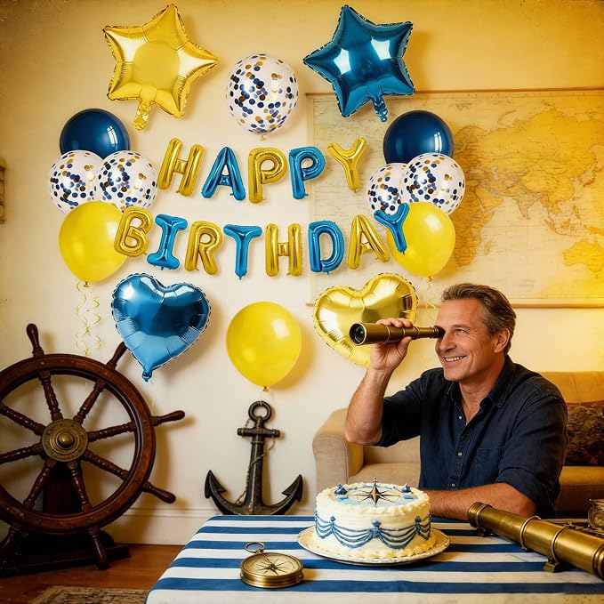 27 Pcs Gold Blue Birthday Decorations, 3D Letters Yellow Blue Happy Birthday - Image 2