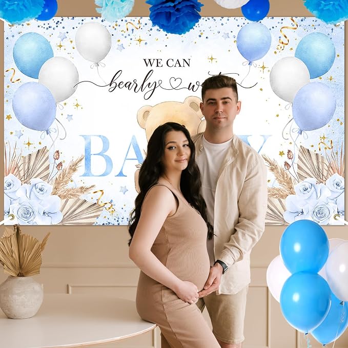 Blue Bear Baby Shower Backdrop 6x3.6 ft We Can Bearly Wait Banner - Image 7