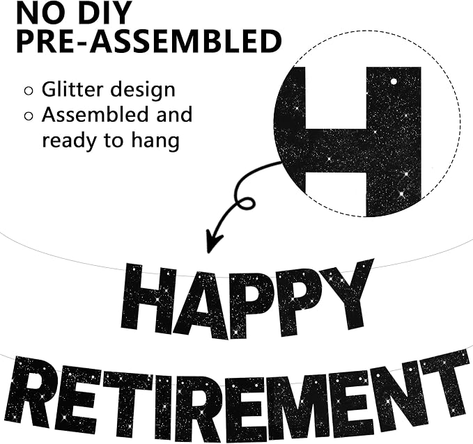 Glitter Black Happy Retirement Banner Pre-Strung Retirement Party Decorations - Image 2