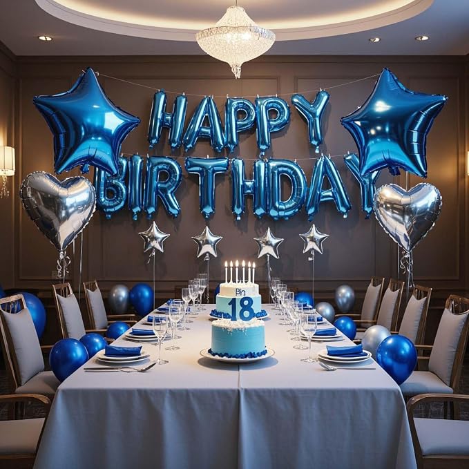 27 Pcs Blue Silver Birthday Decorations, 3D Letters Blue Happy Birthday Balloon - Image 4