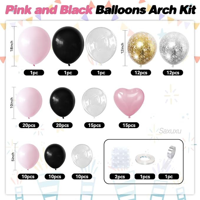 Pink and Black Balloon Arch Kit, Macaron Heart Latex Balloons - Image 2