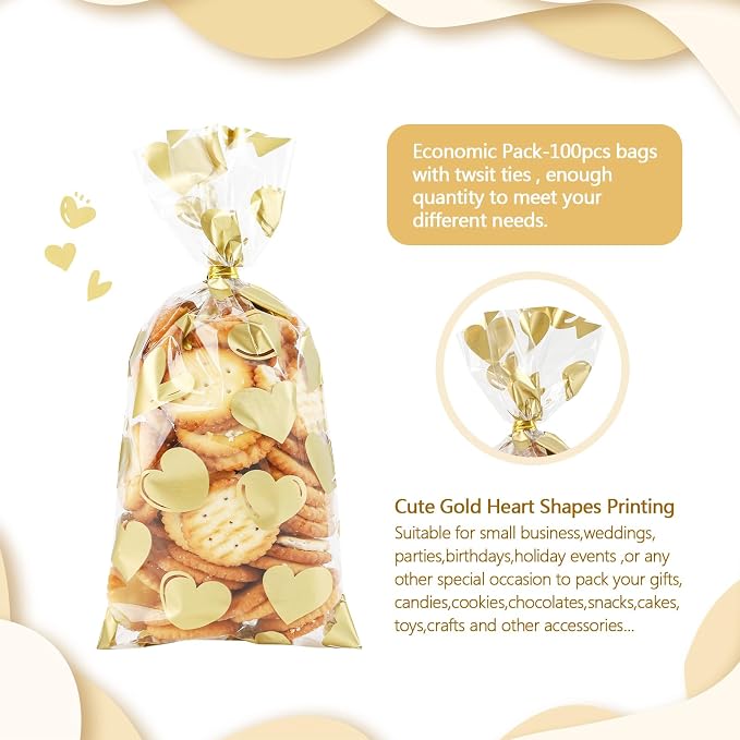 COQOFA 100 Pcs Gold Heart Cello Cellophane Treat Bags - Image 3