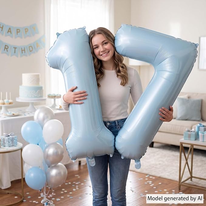 Baby Blue Number 17 Balloon 40 Inch, Foil Pastel Numeral Party Supplies | - Image 6