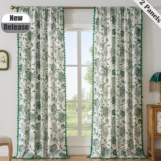 F-CHU Green Floral Farmhouse Curtains Living Room Drapes 84 Inch Length Cotton - Image 2