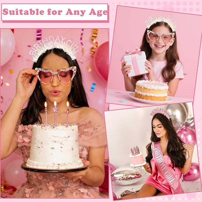 Atoden Birthday Girl Sash Glitter Headband Tiara Crown Sunglasses Pink Happy - Image 2