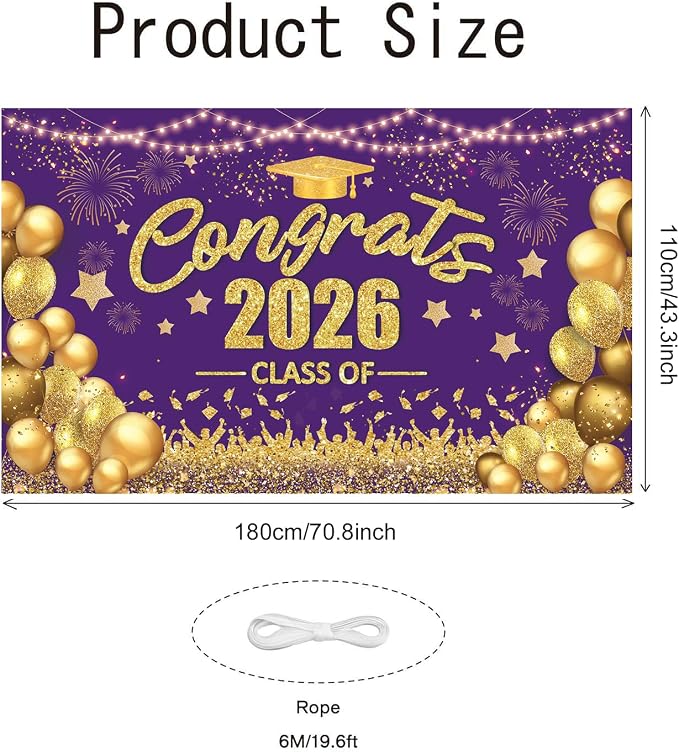 Purple and Gold Class of 2026 Banner Congrats Graduation Decorations - Image 3