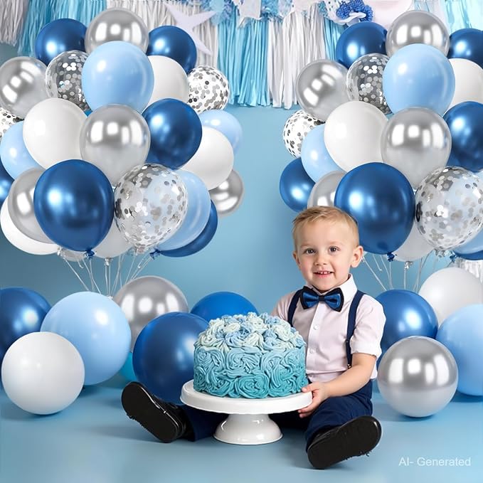 Zesliwy Blue White Silver Balloons Set, Party Decor | Metallic Dark Blue Sliver - Image 6