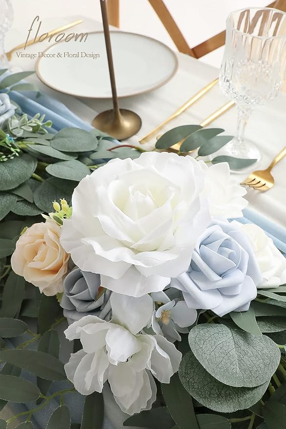 Floroom 6ft Artificial Eucalyptus Garland with Flowers Fake Greenery Faux Floral Vine Garland for Table Decor Wedding Centerpieces Bridal Shower Party Decorations, Dusty Blue