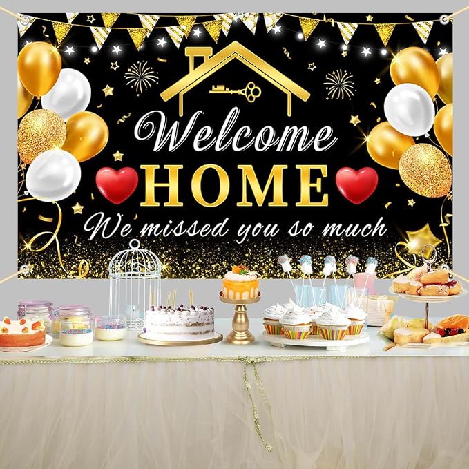 AIBIIN 7x5ft Welcome Home Banner Decorations Black Gold Welcome Home Backdrop - Image 5
