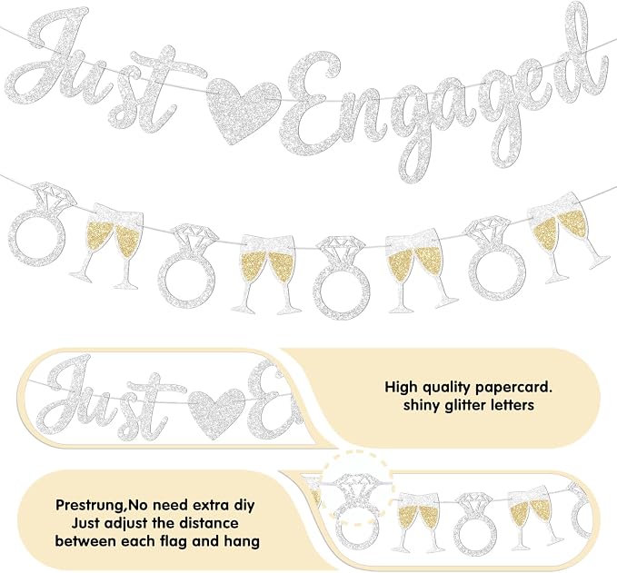 Silver Just Engaged Banner Prestrung Engagement Party Decorations Happy - Image 3