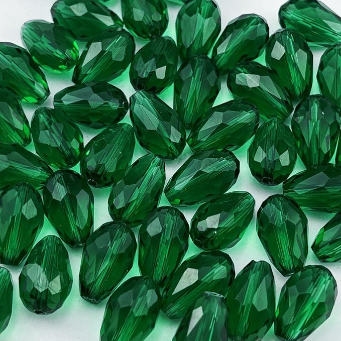 50pcs 10x15mm Teardrop Crystal Glass Beads for Jewelry Making, Faceted Vertical Hole Teardrop Glass Spacer Beads for Wind Chimes Bracelet Earring Necklace DIY Craft(Peacock Green)