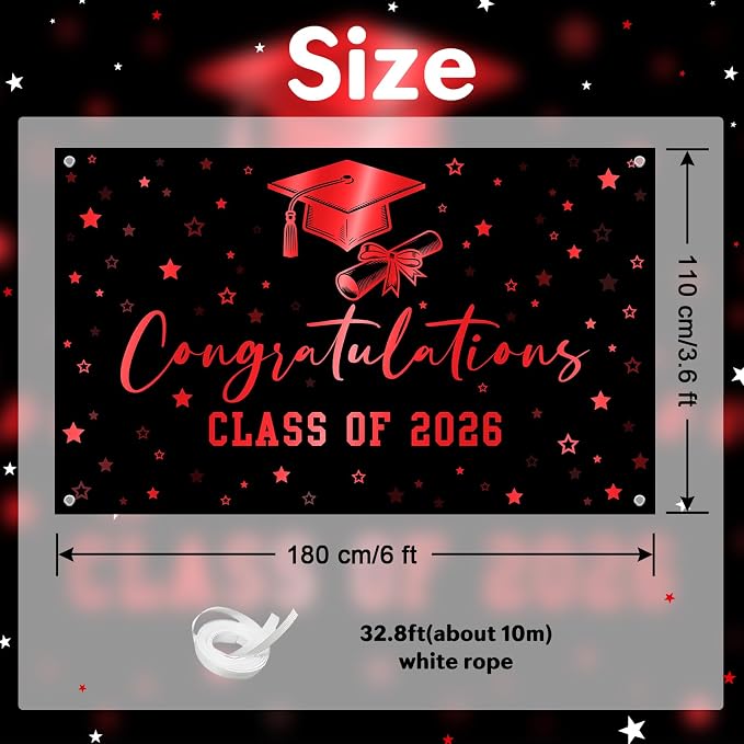 Congratulations Class of 2026 Backdrop Black Red Graduation Banner Congrats - Image 2