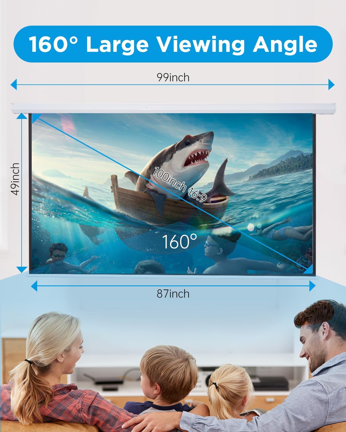 Electric Projector Screen 100 Inch with Remote Control Ceiling Mount Hooks, Pull Down Retractable Projector Screen Motorized Movie Screen White 16:9, Automatic Projector Screen Roll Down Indoor