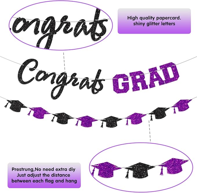 Prestrung Congrats Grad Banner Purple and Black Graduation Banner - Image 3