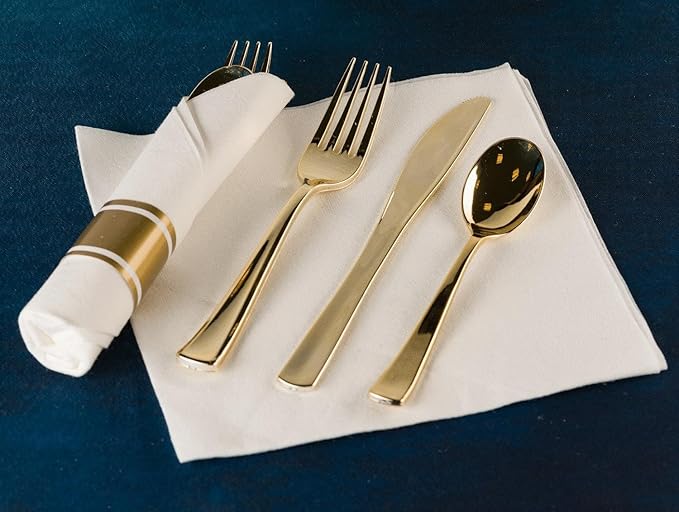 Gold Plastic Silverware Set, 160 Count, Extra Heavy Duty Flatware, Disposable Cutlery Utensils, 80 Forks, 40 Spoons, 40 Knives, Polished Gold, Bulk Pack