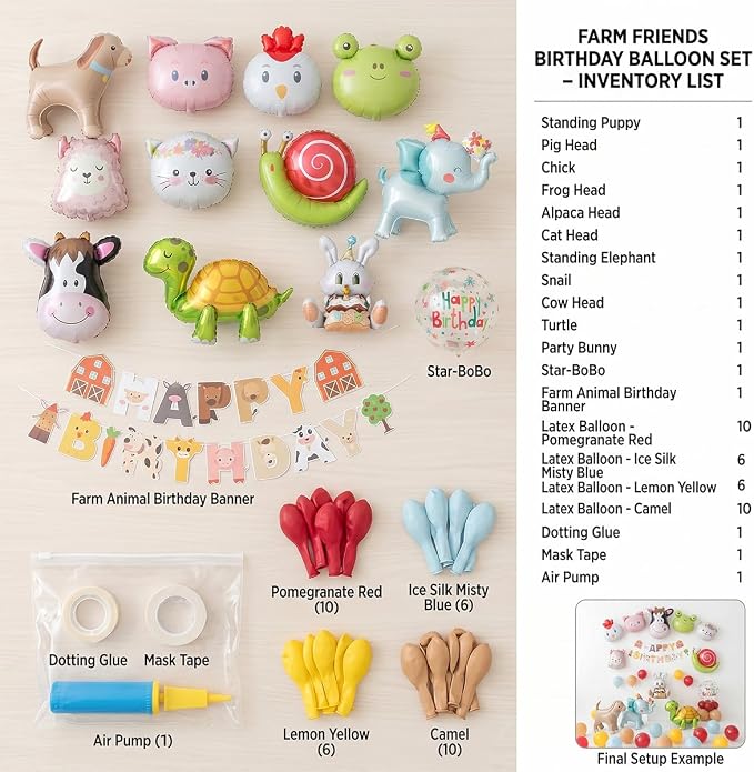 48 PCS Happy Birthday Farm Animals Foil Balloon Decorations Kit - Image 7