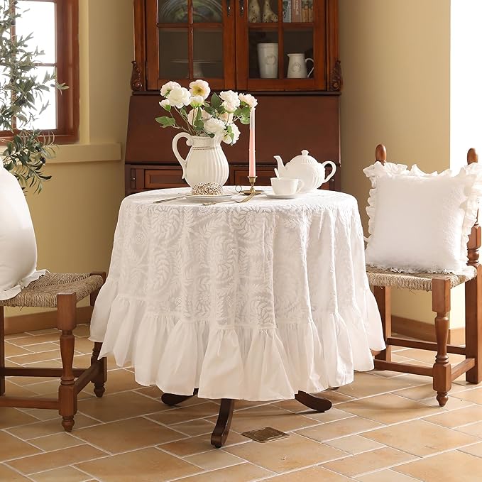 patdrea Vintage Ruffle Tablecloth for Round Tables,Farmhouse Embroidered Cotton White Lace Table Cloth Cover Decor for Dining Room Wedding Banquet Thanksgiving Christmas,Dimaeter 59"
