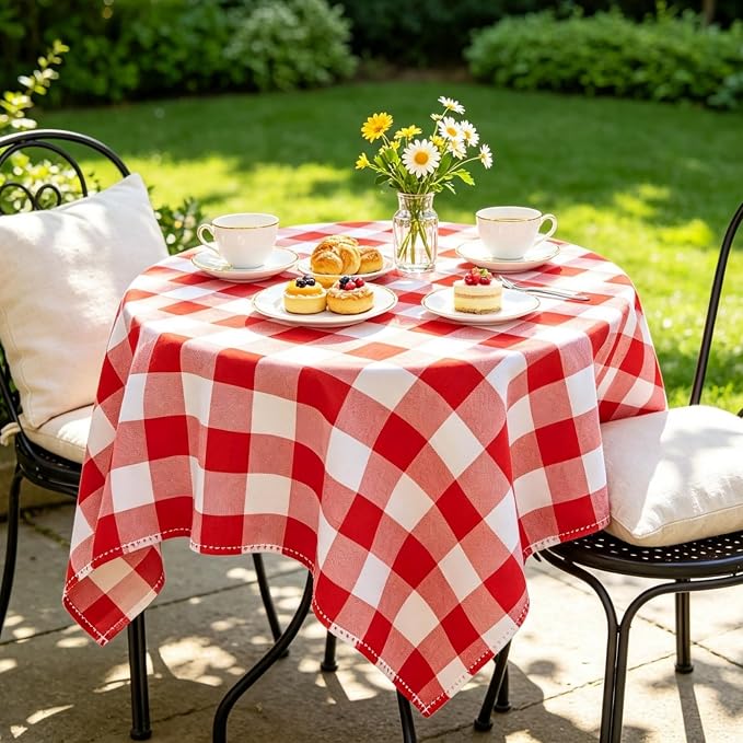 ShinyBeauty Gingham Square Tablecloth 54x54 Red and White Cotton Plaid | - Image 3