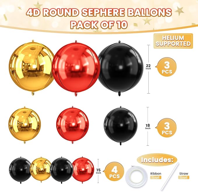 Red Gold Black Round Foil Balloons, Metallic Red Gold Black Foil Baloon - Image 2