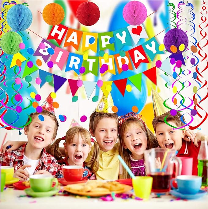 FECEDY Colorful Happy Birthday Banner Paper Triangle Flag Bunting Circle - Image 3