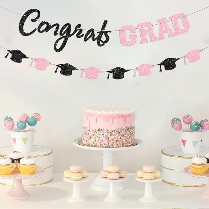 Prestrung Congrats Grad Banner Pink Black Graduation Banner - Image 5