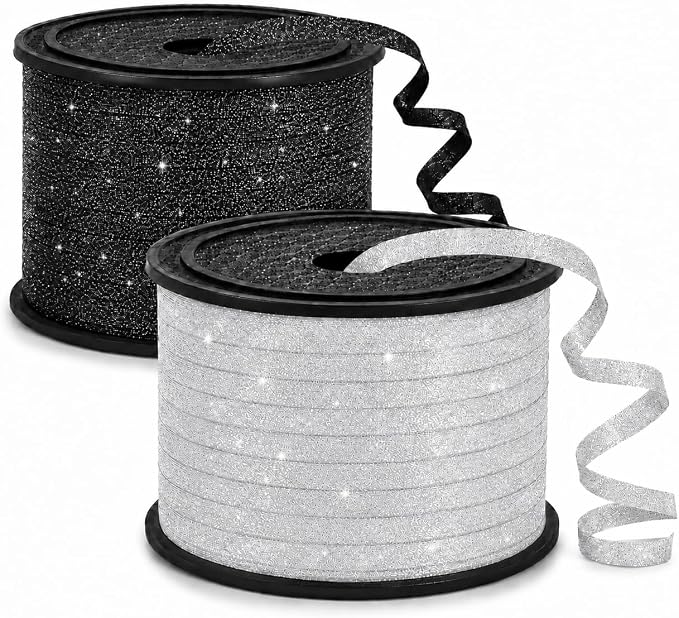 BEISHIDA 2 Rolls White and Black Glitter Ribbon Curling Crimped, Glitter Ribbon by Beishida