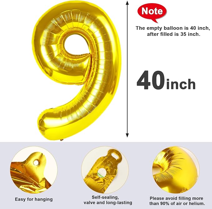 9 Balloon Numbers Birthday Decorations, 40In Gold Balloons - Image 5