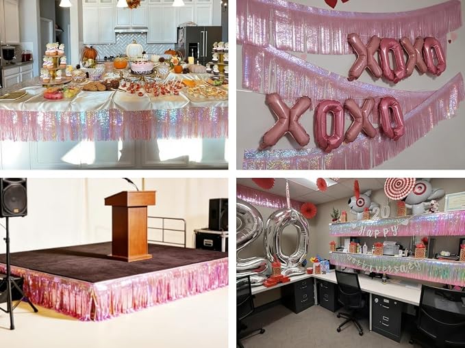 4 Pack Iridescent Pink Total 40 Feet Foil Fringe Garland Metallic Tinsel Banner - Image 6