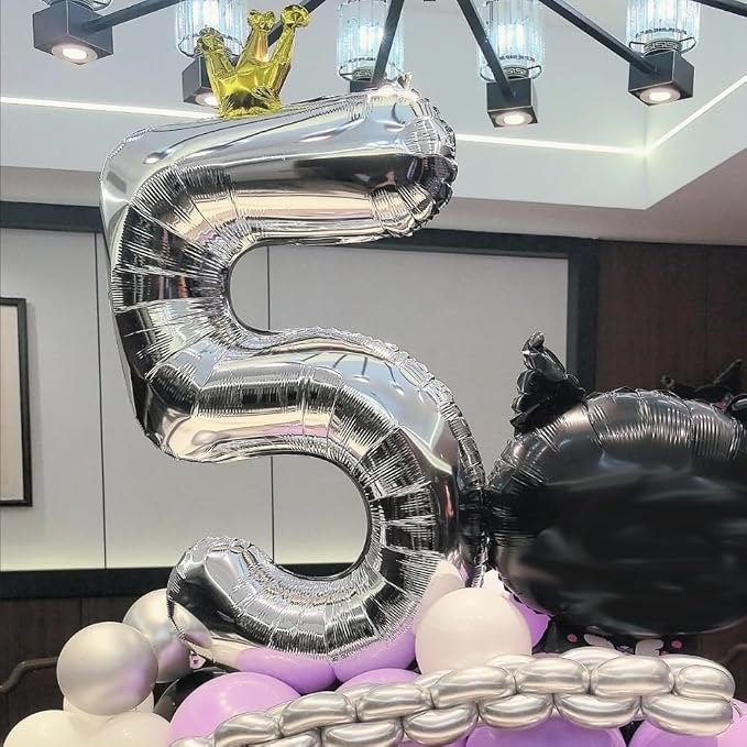 Silver Number 5 Balloon with Crown, 40 inch Silver Number Balloon 5th Birthday - Image 4