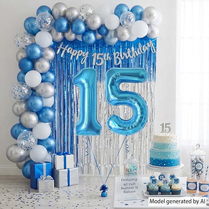 Light Blue Number 15 Balloon 40 Inch, Foil Numeral - Image 2