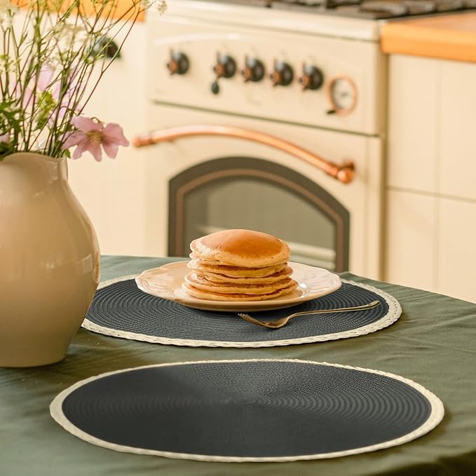 Round Placemats Set of 6, Woven Table Mats, Thin Edge, Charcoal Grey | Braided - Image 6