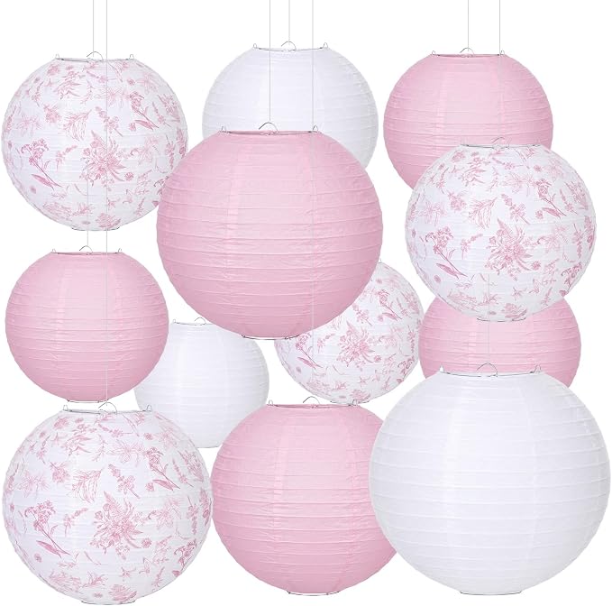 Riakrum 18 Pcs Floral Paper Lantern Set 10" 8" Pink and White Flower Chinese by Riakrum