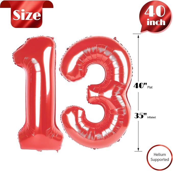 Red 13 Balloon - Number Balloon 40 Inch, 13th Red Birthday Decorations | Large - Image 5