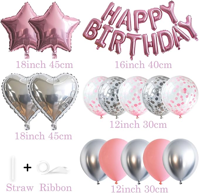 27 Pcs Pink Silver Birthday Decorations, 3D Letters Pink Happy Birthday Balloon - Image 2