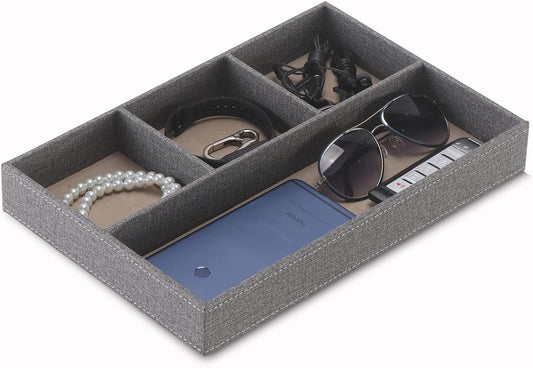 Desktop Storage Organizer, Bedside Table or Storage rack Leather Tray, Valet Tray, Dresser Organizer, 4 Compartments,PU Leather Drawer Storage Organizer Decorative Trays. (gray)