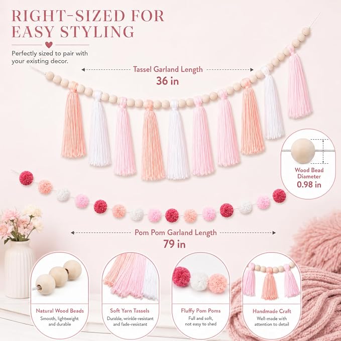 Syhood 3 Pcs 79" 2 Pom Pom Garland Wall Decor and 36" 1 Boho Tassel Garland - Image 2