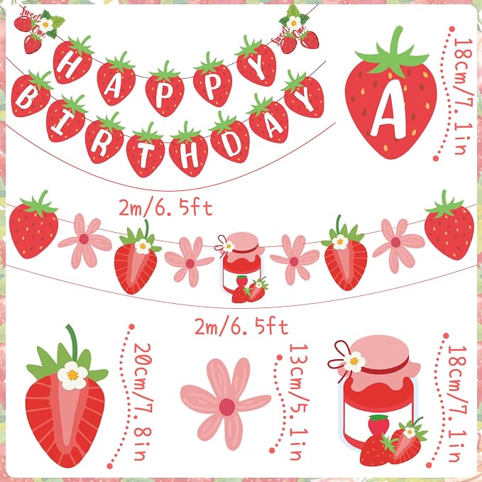 SUNBEAUTY Strawberry Happy Birthday Banner, Berry Sweet Red Fruit Party Hanging - Image 3