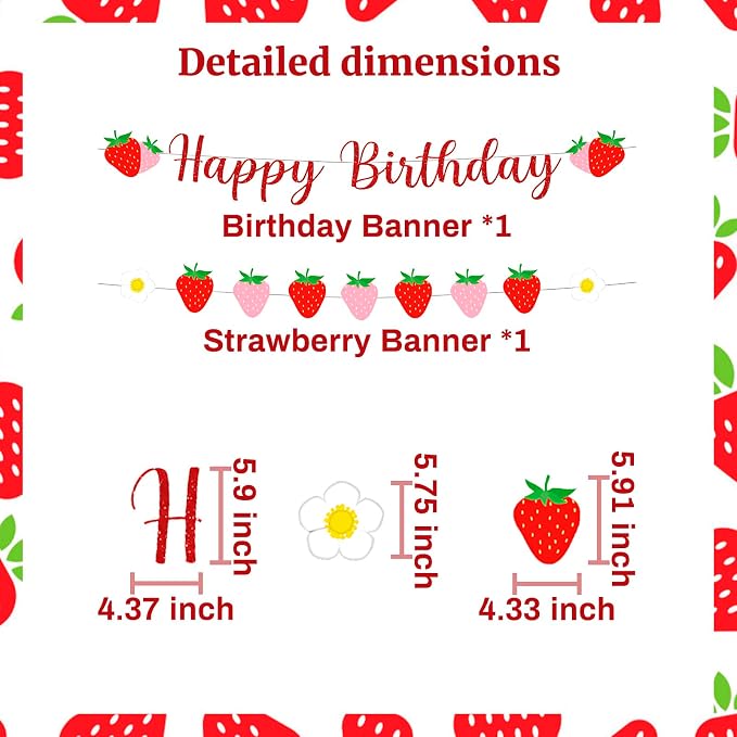 MEETINGU Strawberry Happy Birthday Banner, Strawberry and Flower Themed - Image 2